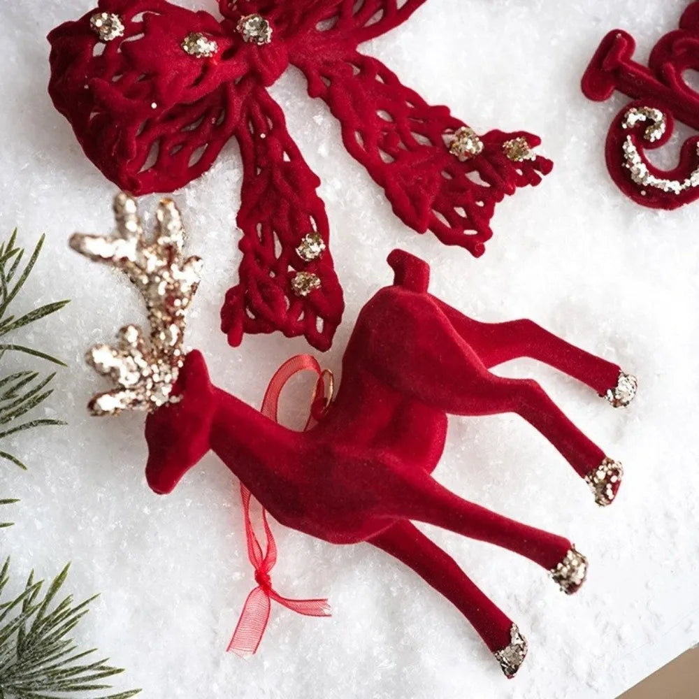 Velvet Elk Christmas Tree Ornament – Red Bow Pendant Decor