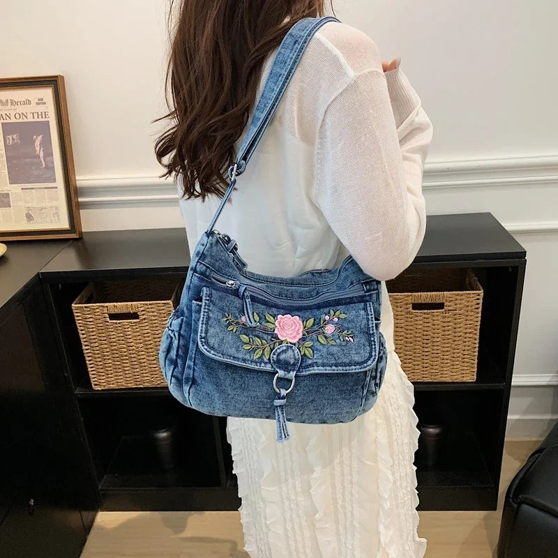 Embroidered Denim Crossbody Bag | Multi-Layer Shoulder Bag