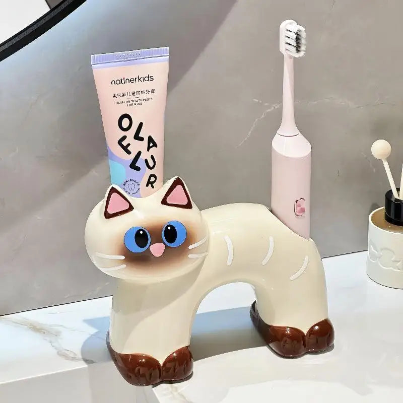 Ceramic Cat Toothbrush Holder – No-Drill Self-Adhesive Rack