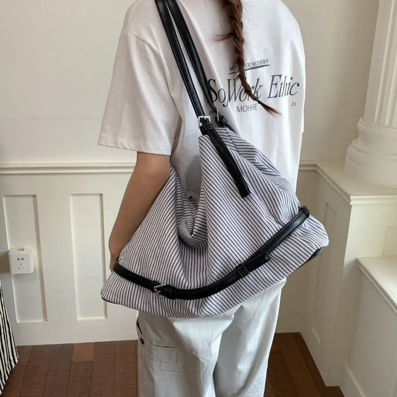 Korean Striped Canvas Tote Bag – Large Women's Shoulder Bag