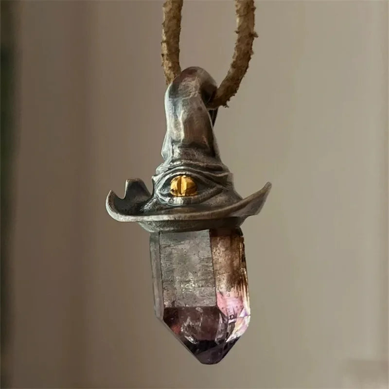 Natural Amethyst Hexagonal Crystal Witch Hat Pendant Necklace