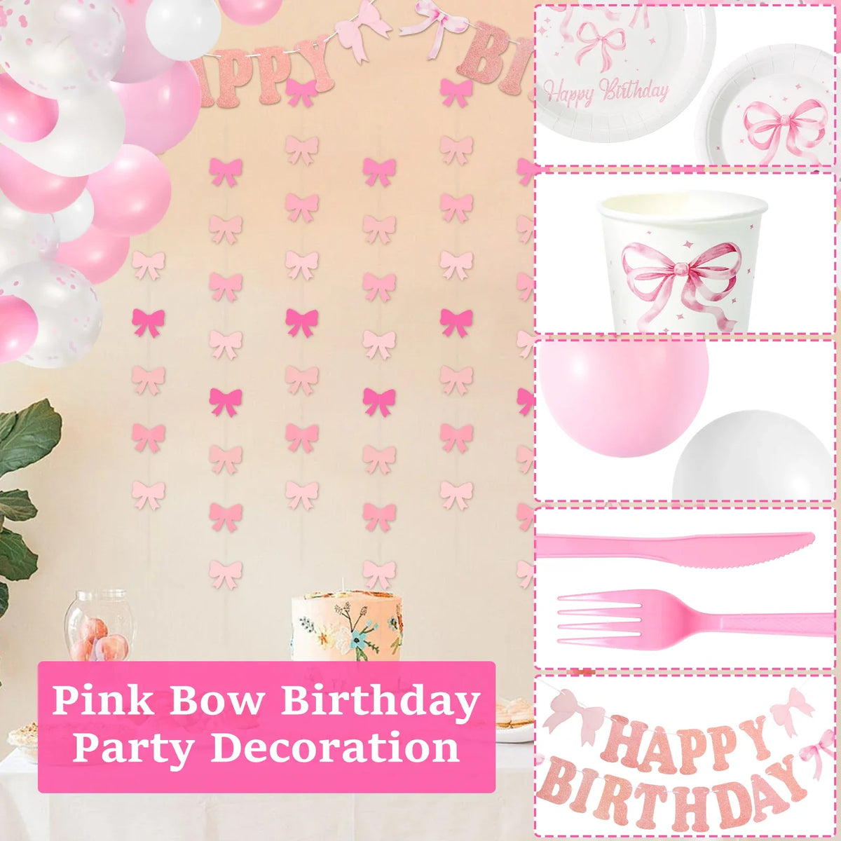 Pink Bow Party Decoration Set – Tableware & Balloons for 20