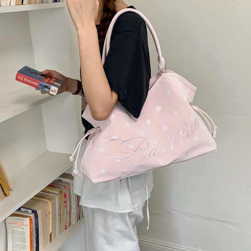 Korean Polka Dot Woven Tote Bag – Large Shoulder Handbag