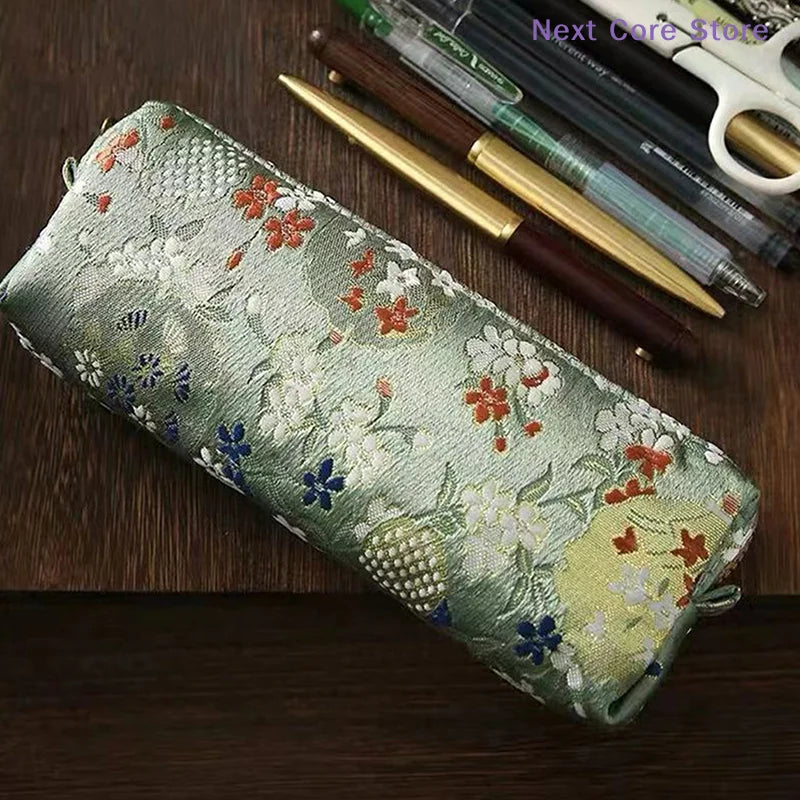 Vintage Embroidery Pencil Case Large Capacity Cotton Linen Pouch