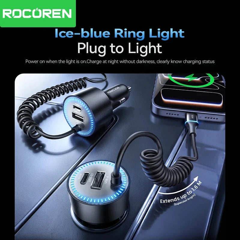 Rocoren 200W Car Charger PD 100W USB-C & Spring Cable