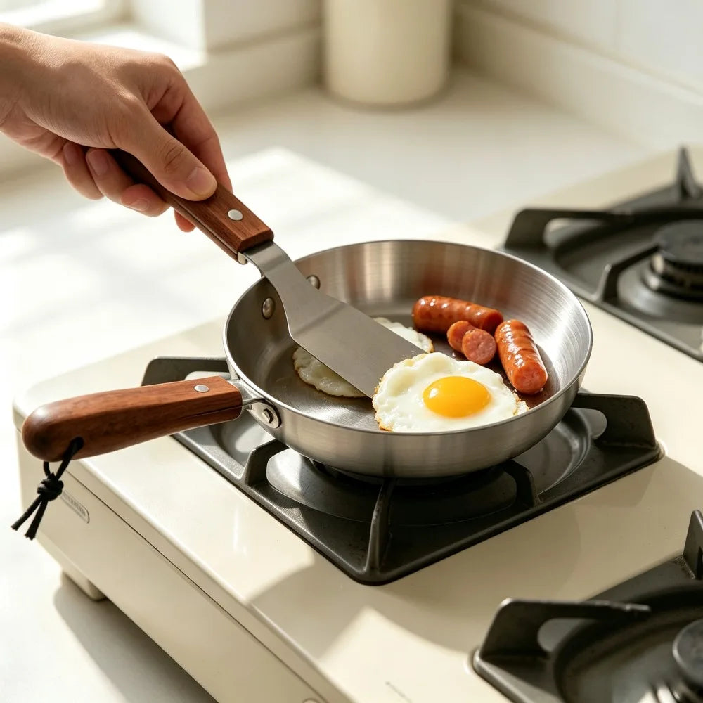 Nonstick Stainless Steel Frying Pan & Spatula Set | Wooden Handle