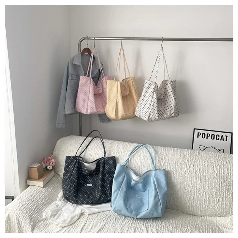 Large Canvas Tote Bag Women Polka Dot Korean Shoulder Bag