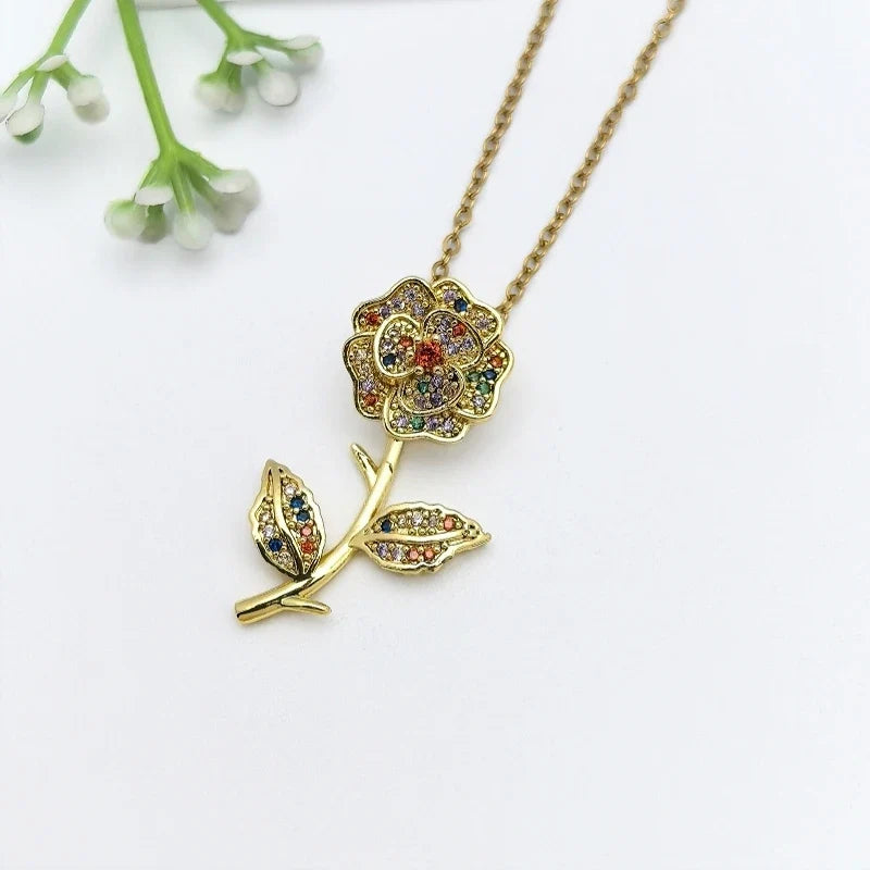 Zircon Flower Pendant Necklace | Gold Stainless Steel | Nixie
