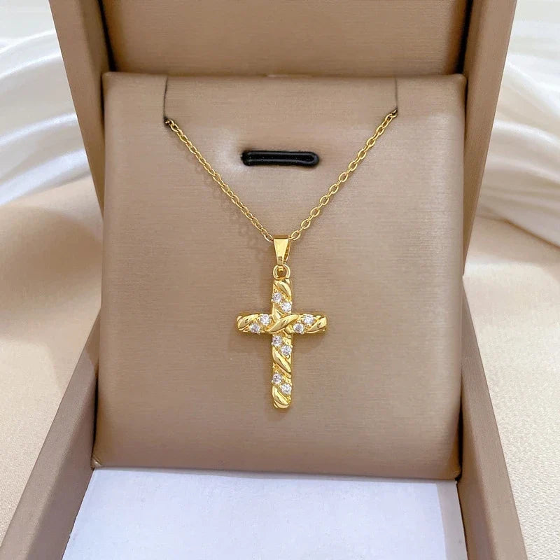 Women's Gold Cross Pendant Necklace – Stainless Steel Choker