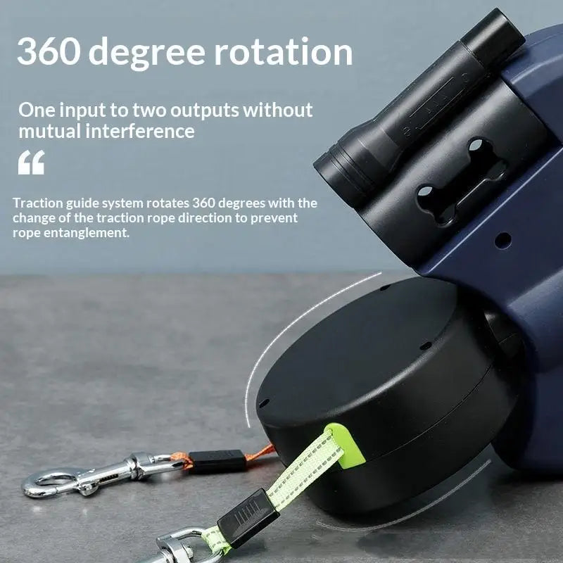 360° Double Dog Leash Retractable with Flashlight & Bag
