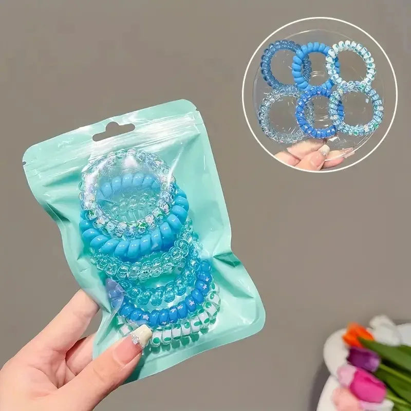 6-Pack Spiral Elastic Hair Ties – Colorful Telephone Wire Bands