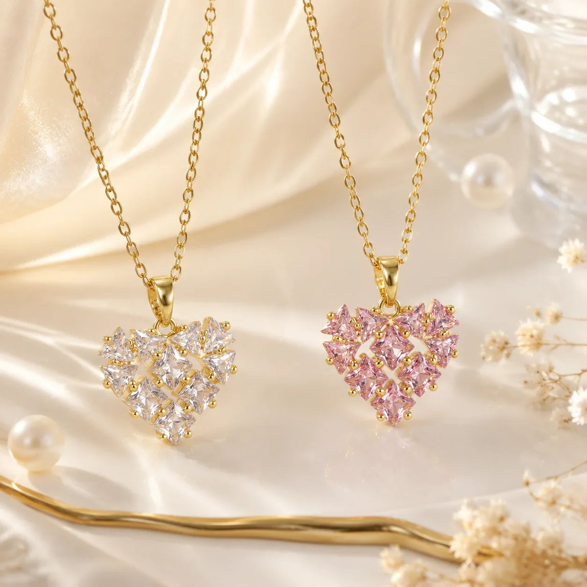 Full Diamond Heart Pendant Necklace – Gold Stainless Steel