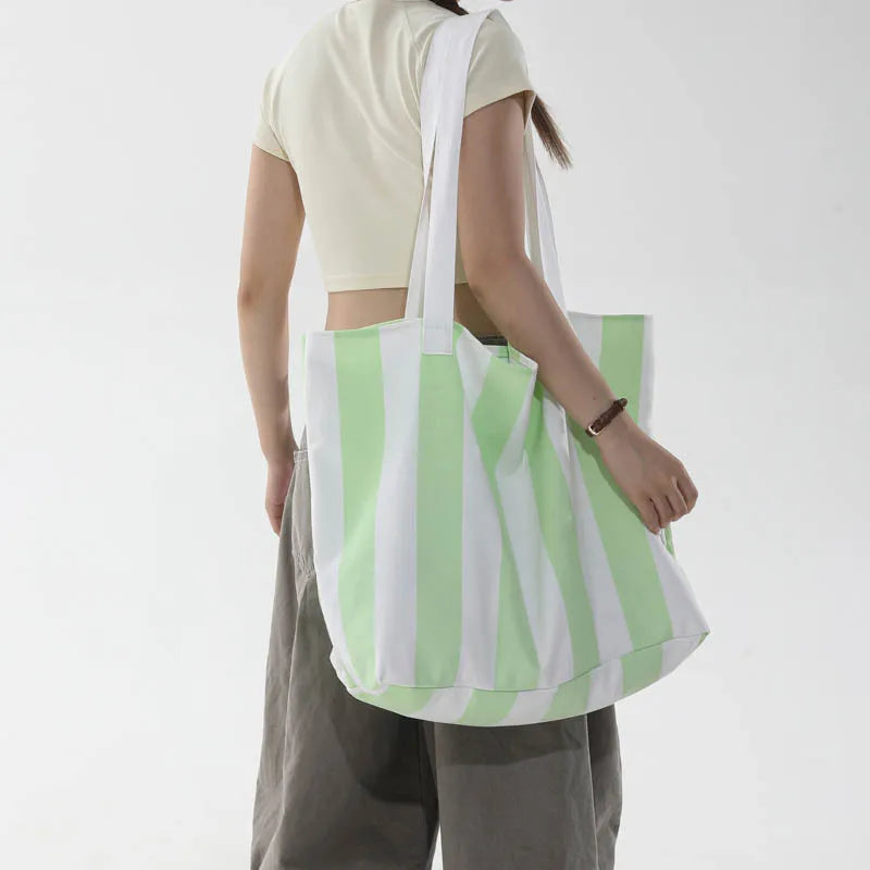 Women's Striped Canvas Tote Bag – Large Shoulder Handbag