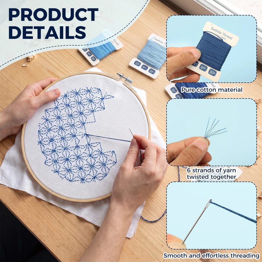 Sashiko Thread & Needle Kit – 300m Pure Cotton Embroidery Set