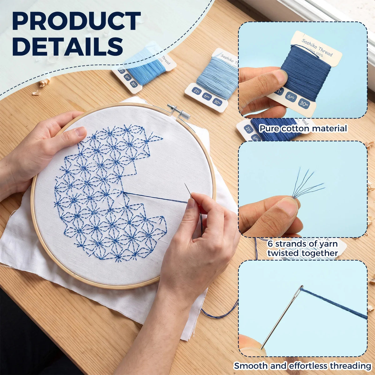 Sashiko Thread & Needle Kit – 300m Pure Cotton Embroidery Set