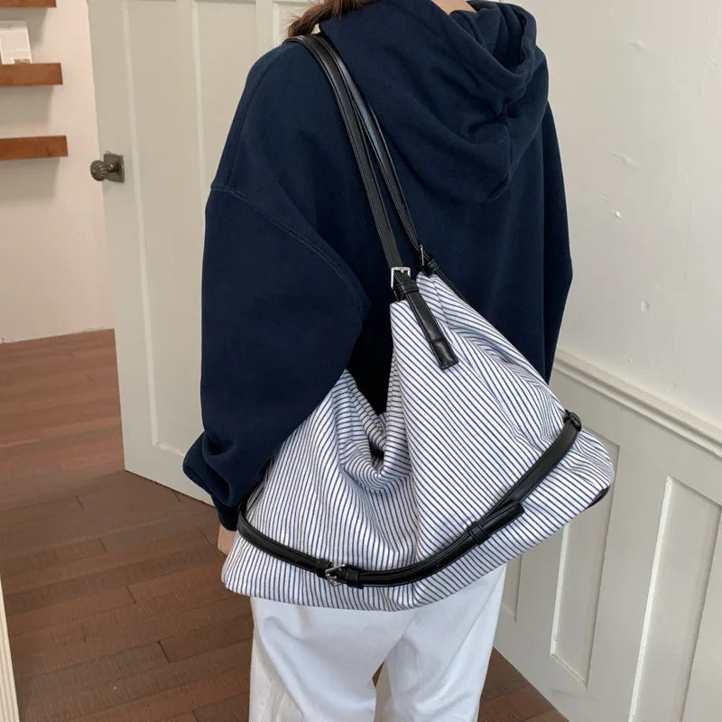 Korean Striped Canvas Tote Bag – Large Women's Shoulder Bag