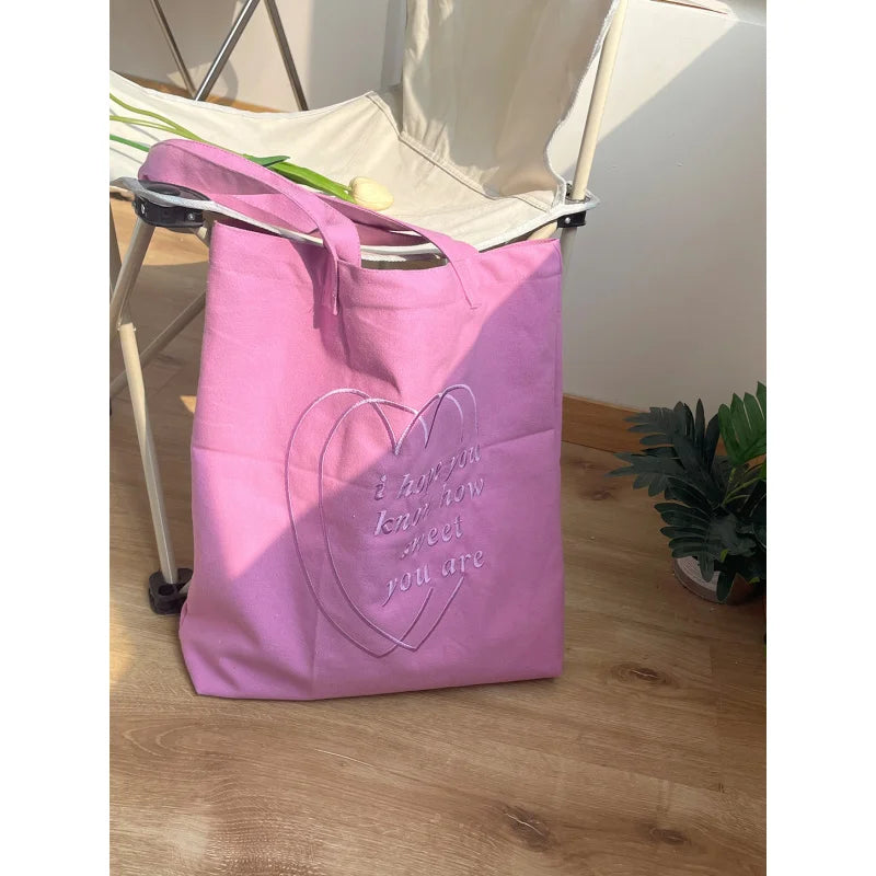 Korean Heart Embroidery Canvas Tote Bag – Large Capacity