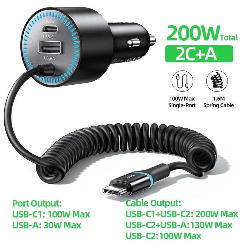 Rocoren 200W Car Charger PD 100W USB-C & Spring Cable