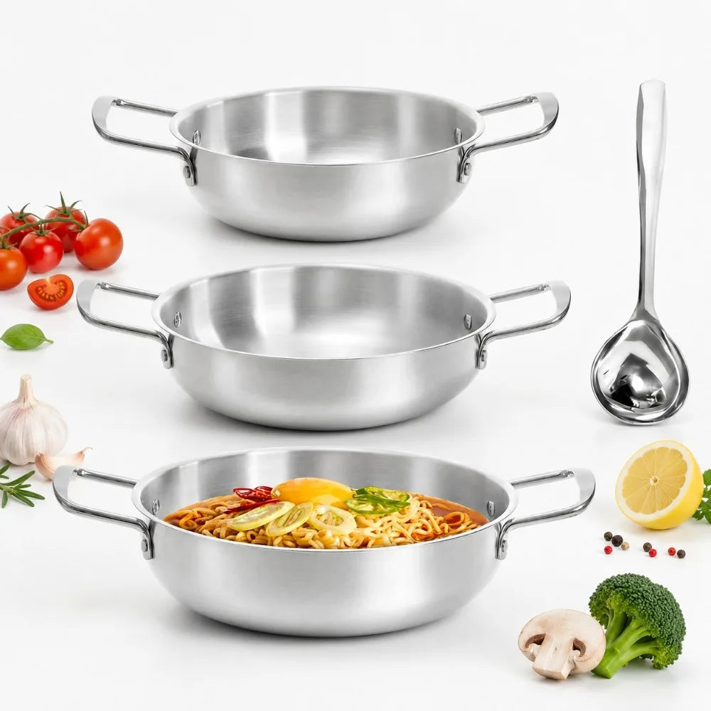 Korean Stainless Steel Cookware Set – 3 Pots & 1 Spoon