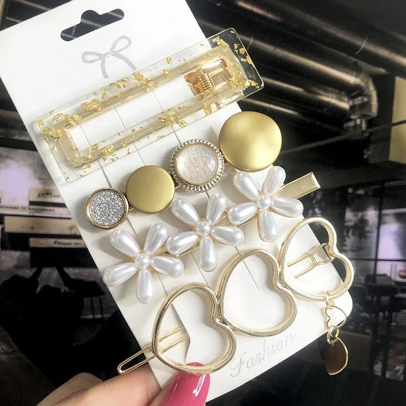 Pearl Crystal Hair Clips Set – Korean Geometric Barrettes