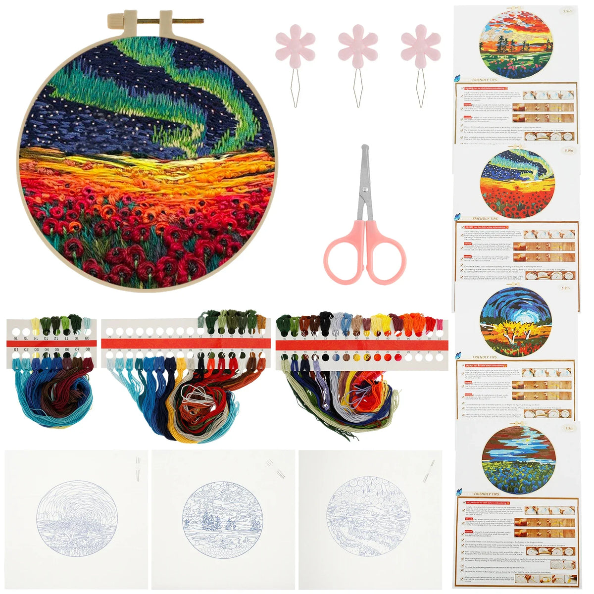 4-Piece Embroidery Starter Kit – Stamped Pattern & Hoop Set