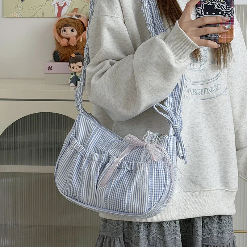 Blue White Plaid Lace Drawstring Crossbody Shoulder Bag