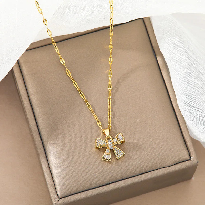 Zircon Bowknot Pendant Necklace | Gold Stainless Steel Chain