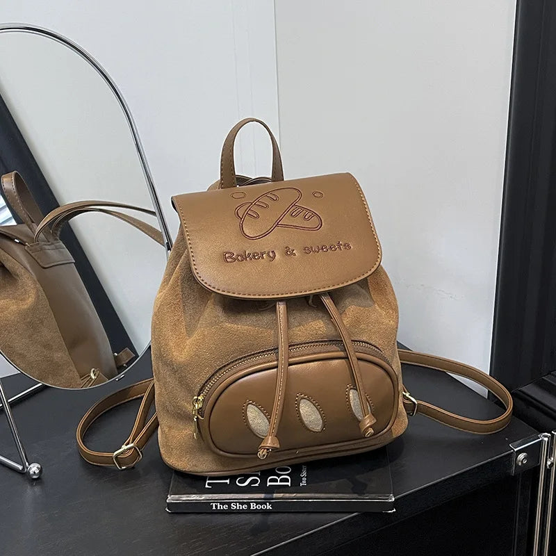 Korean Cartoon Embroidered Suede Small Backpack for Women
