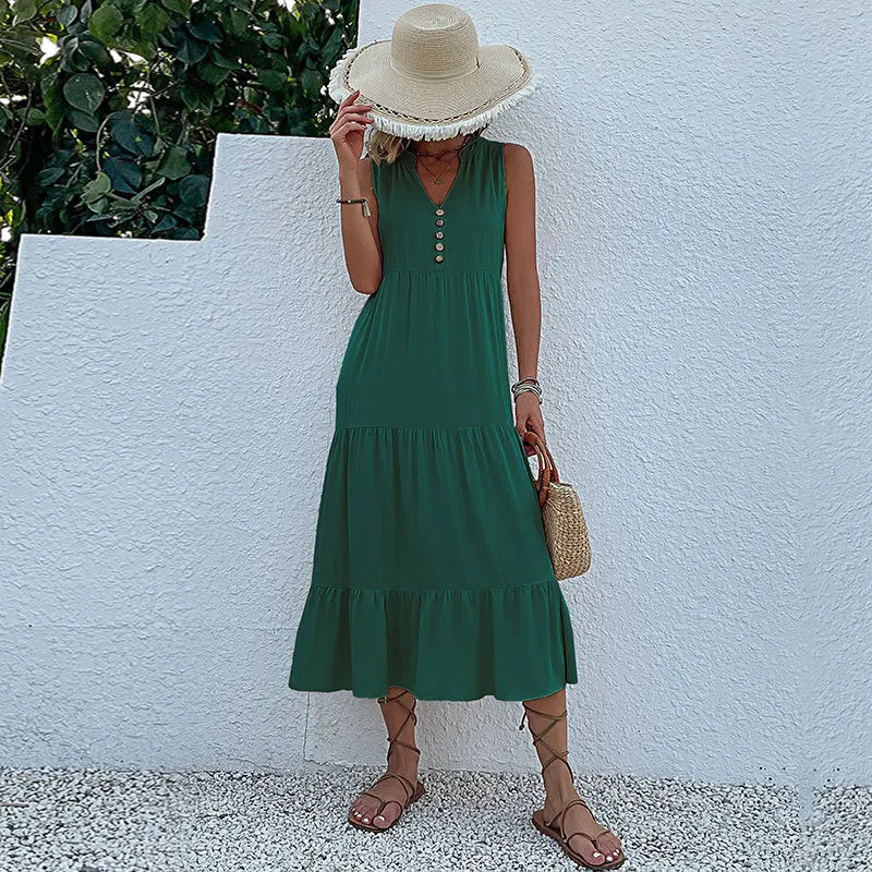 Women's Sleeveless V-Neck Ruffle Midi Sundress | SAILASIDIYA