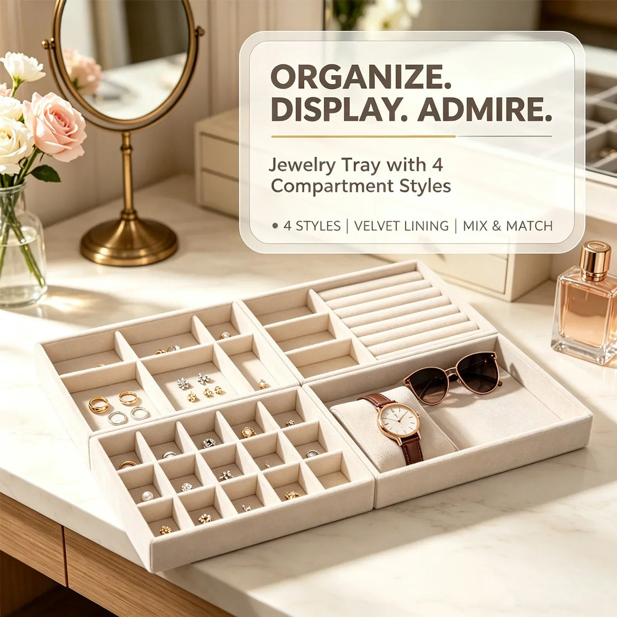 4-Piece Velvet Jewelry Tray Set – Stackable Drawer Organizer