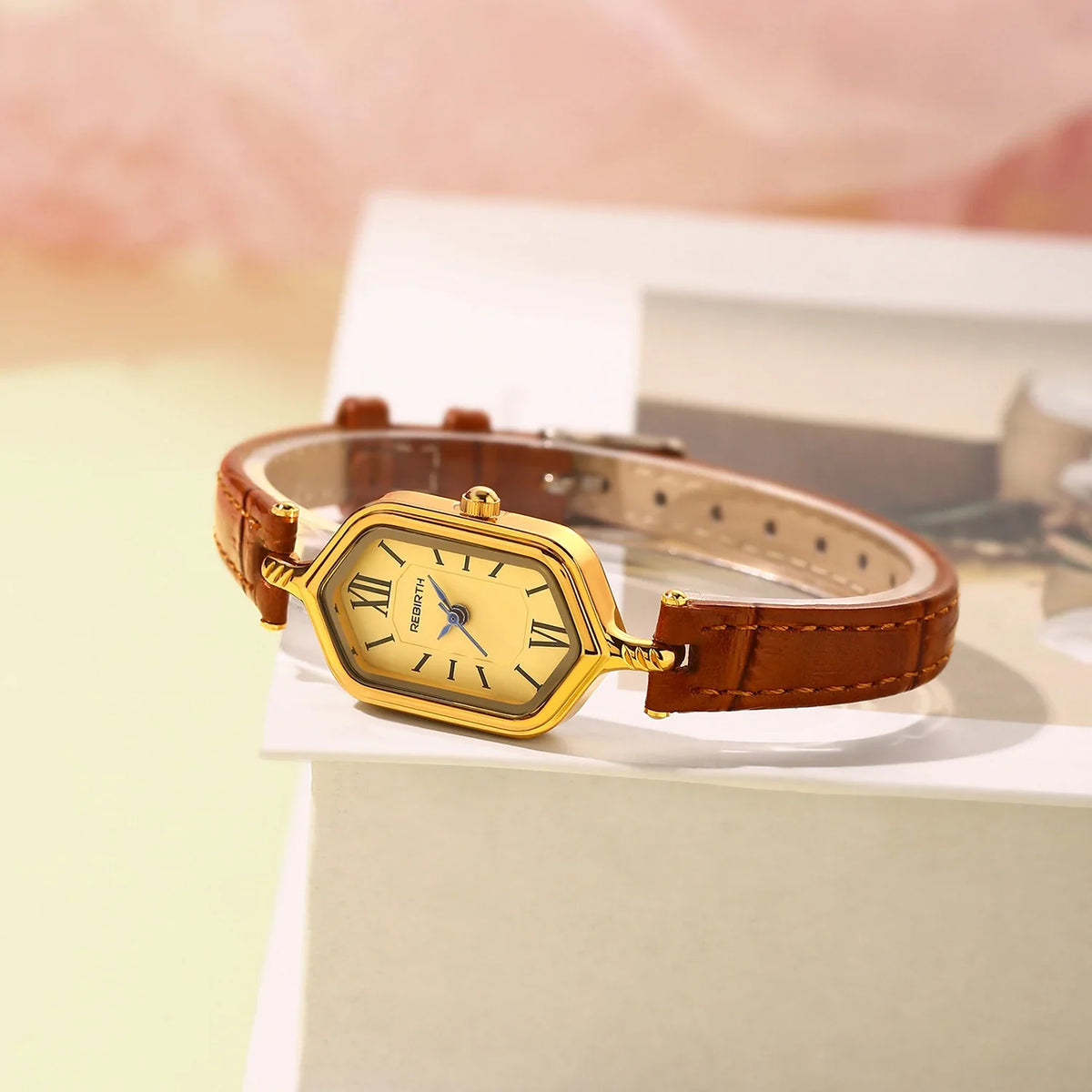 REBIRTH Women's Retro Gold Quartz Watch – Barrel Dial & Leather Strap