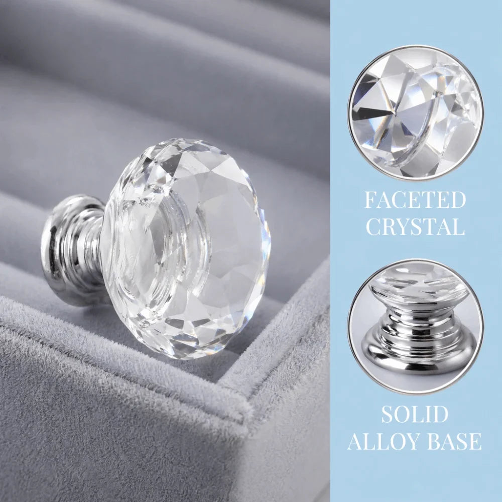 10pcs Crystal Glass Cabinet Knobs 30mm Silver Drawer Pulls
