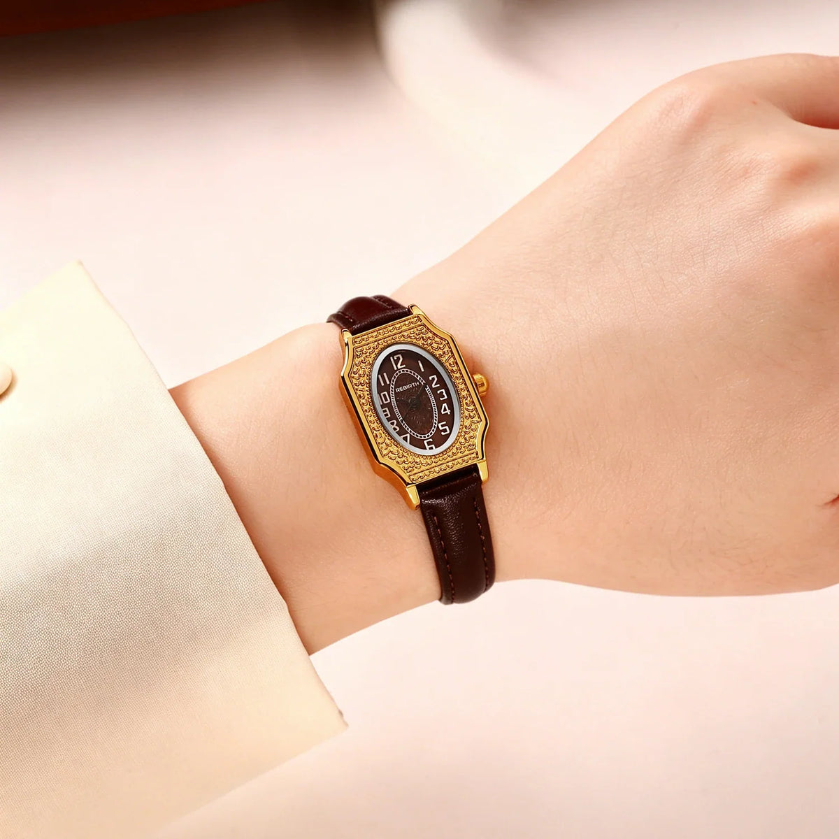 REBIRTH Women's Retro Quartz Watch – Oval Dial & Leather Strap
