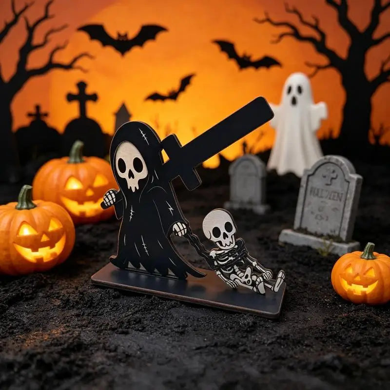Wooden Grim Reaper Skeleton Ornament – Halloween Tabletop Décor