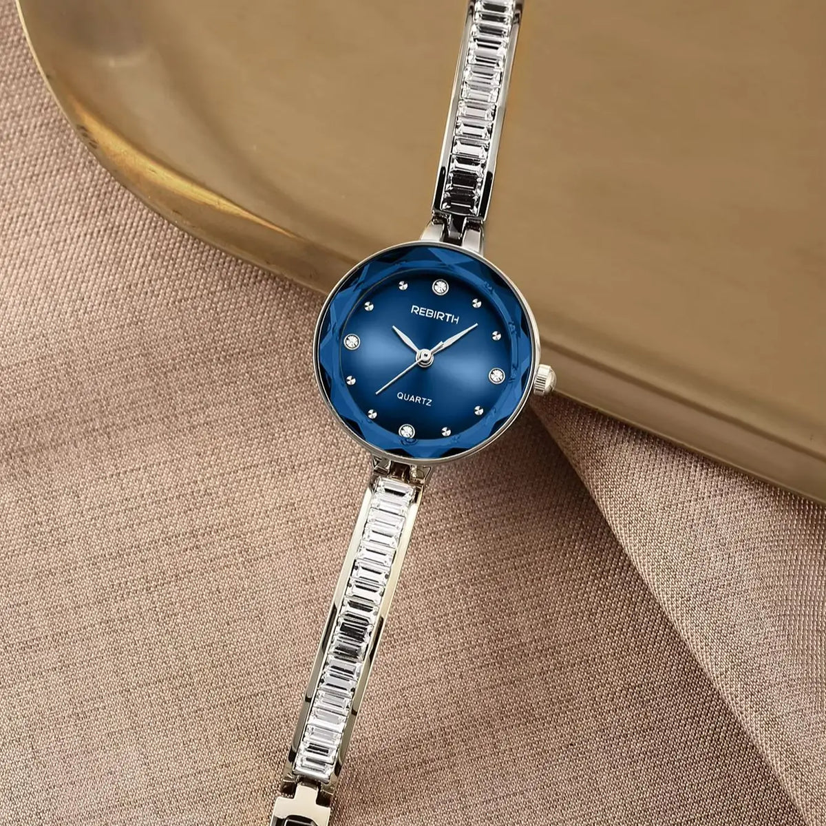 REBIRTH Women's Blue Dial Diamond Quartz Watch | Steel Band