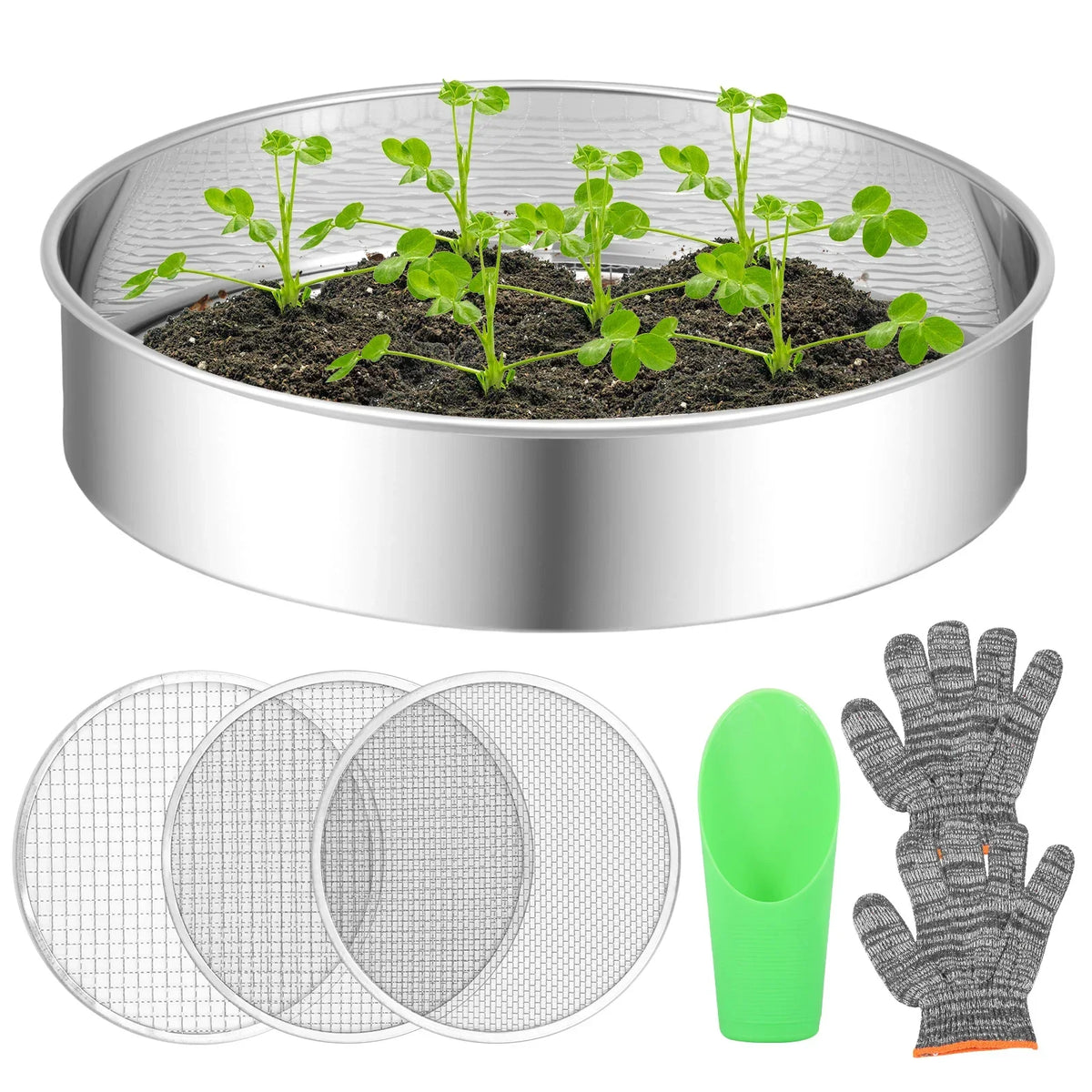 Stainless Steel Soil Sieve Set – 3/6/9mm Compost Sifter Kit