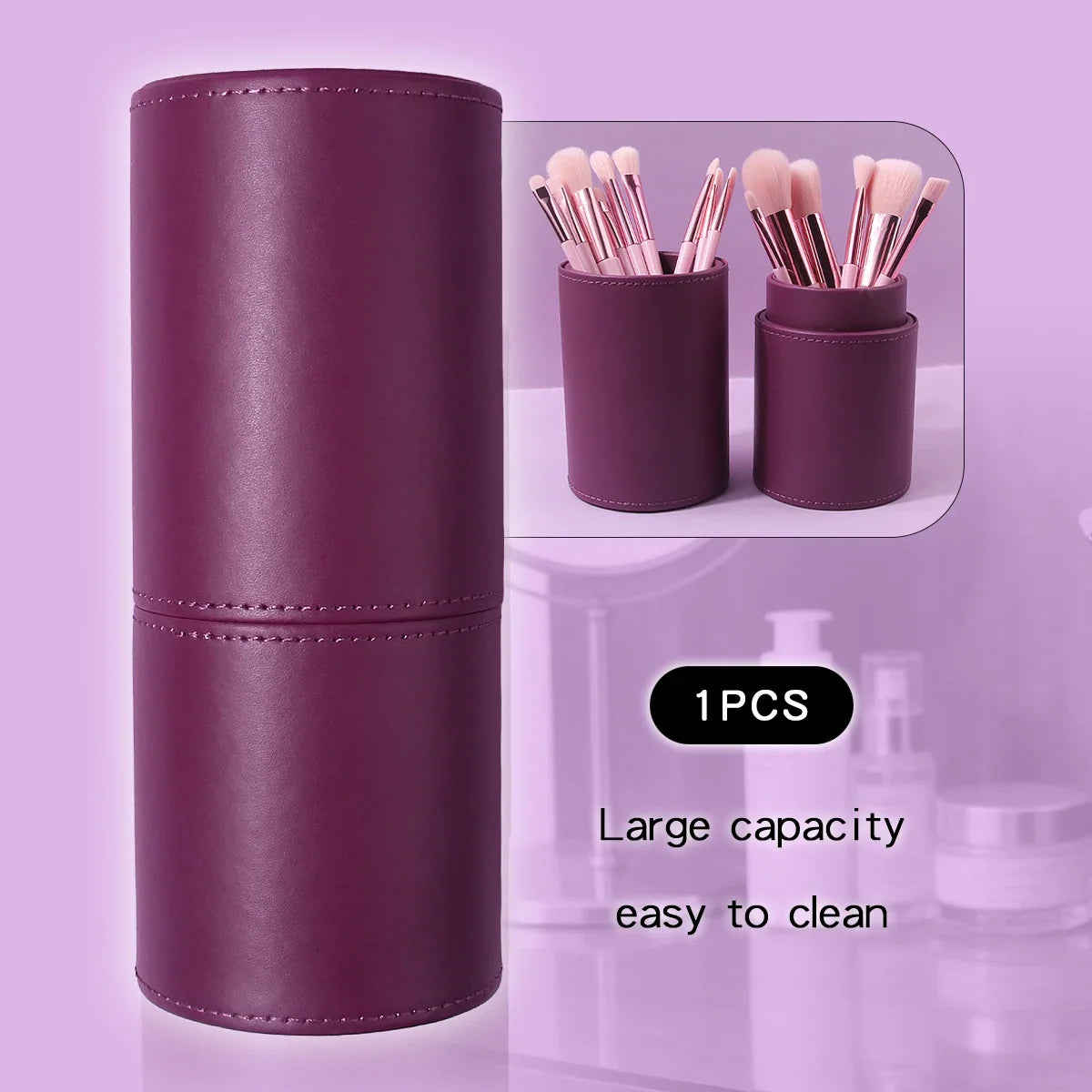 PU Leather Makeup Brush Holder Desktop Cosmetics Storage Bucket