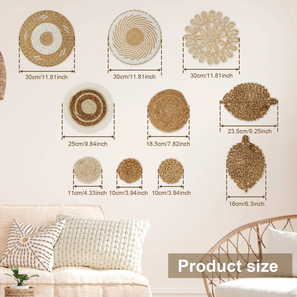 10-Piece Handcrafted Rattan Wall Basket Decor Set | Rustic Boho