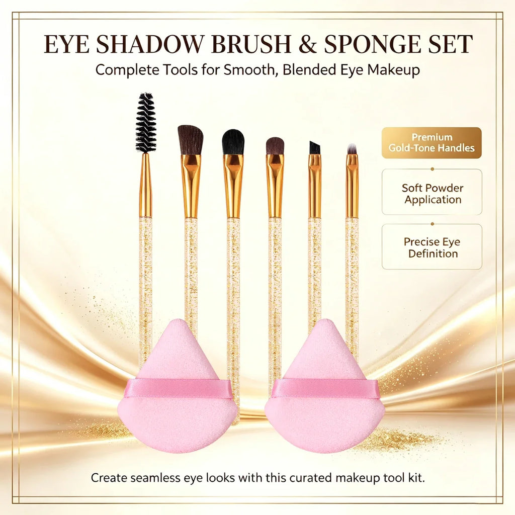 8-Piece Makeup Brush Set – Eye, Brow, Liner & Sponge Puff