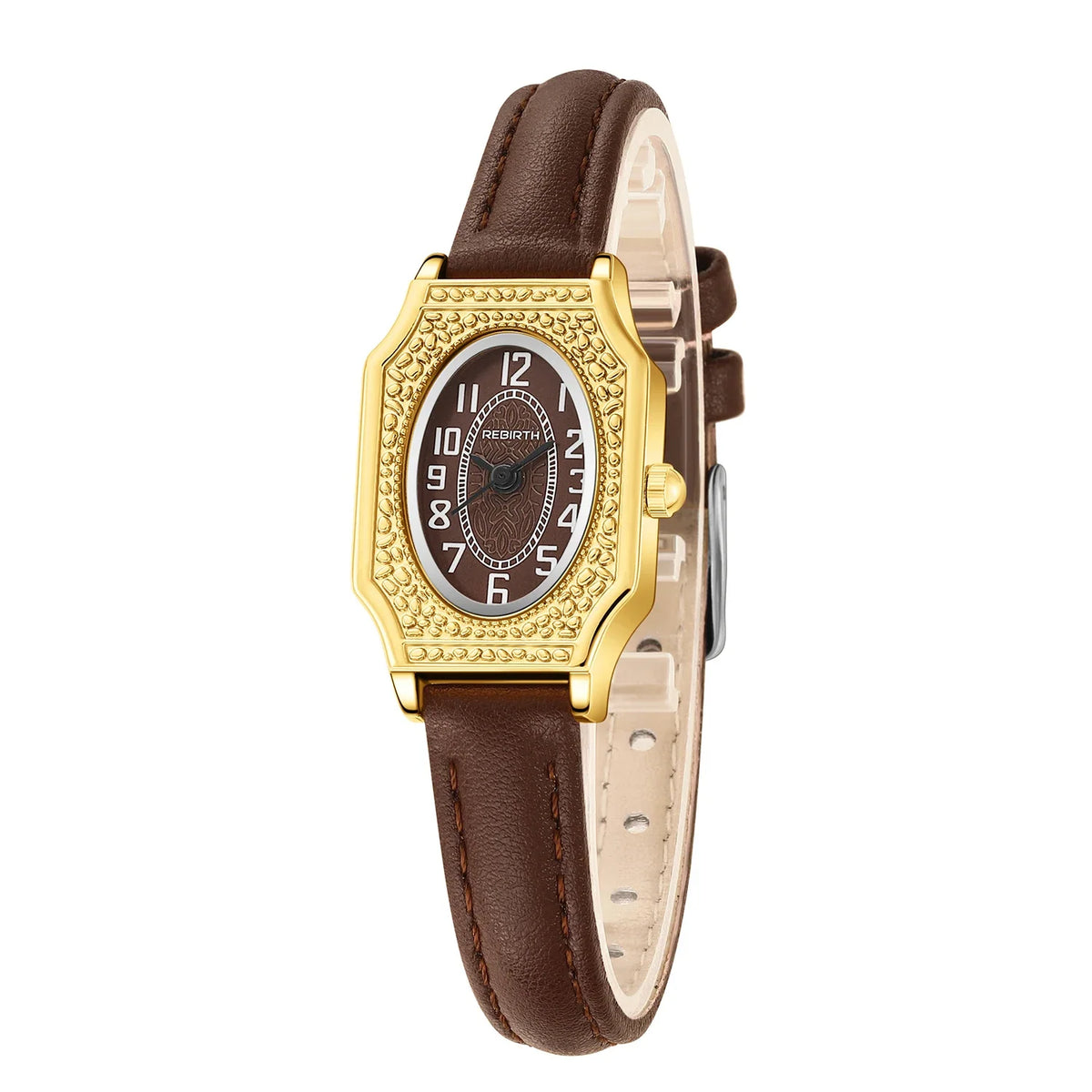 REBIRTH Women's Retro Quartz Watch – Oval Dial & Leather Strap