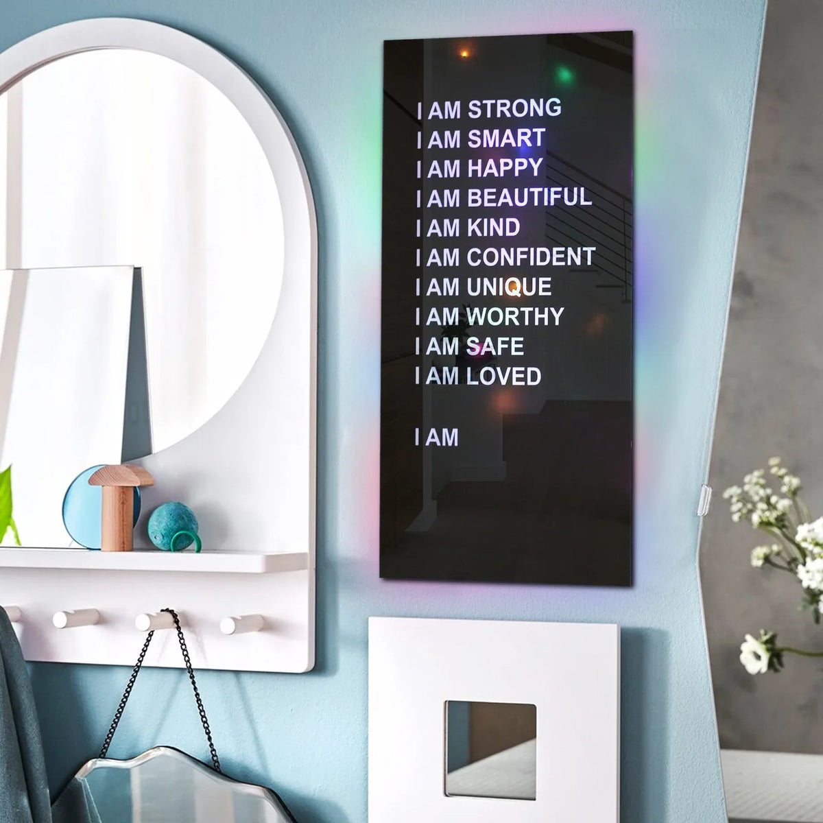 Affirmations Mirror with Colorful LED String Lights | Acrylic