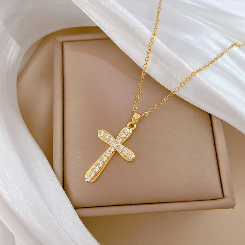 Women's Gold Cross Pendant Necklace – Stainless Steel & Zircon