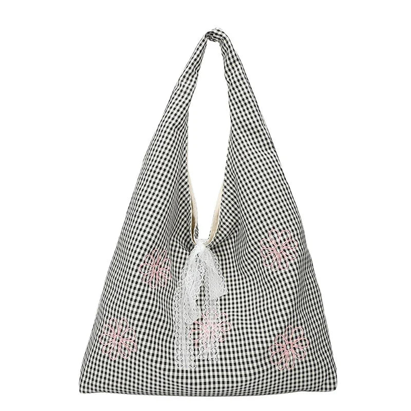 Women's Plaid Shoulder Bag with Embroidered Flowers | Large