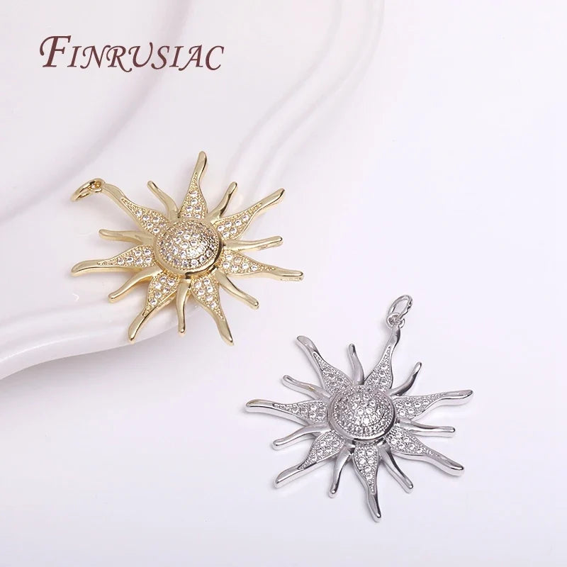 18K Gold Plated Sunflower Pendant – 33mm Brass Zircon Charm