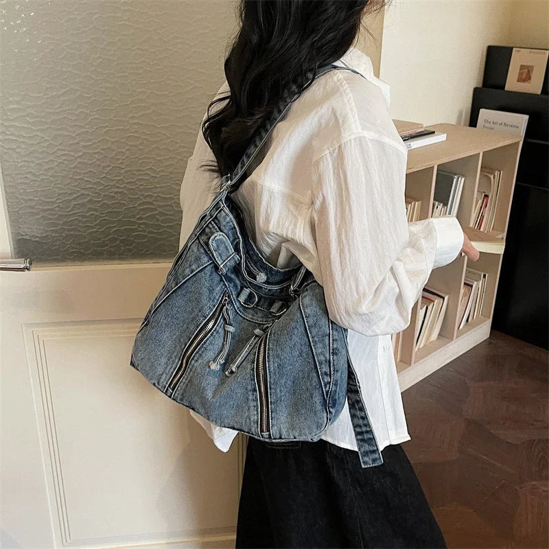 Vintage Denim Tote Bag – Large Crossbody Shoulder Bag