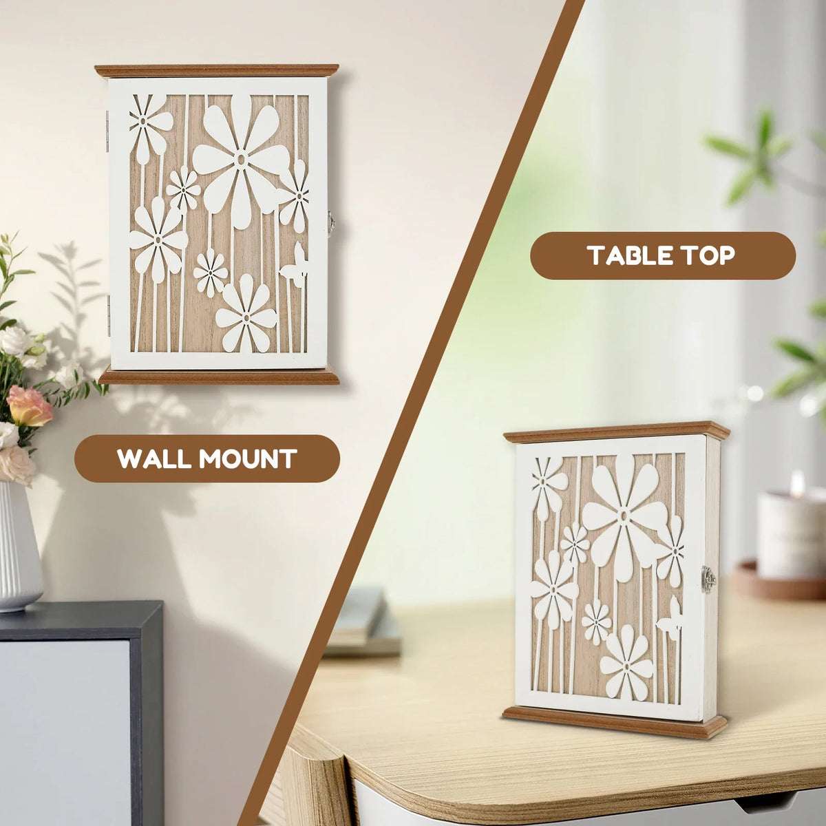 Wooden Wall Key Holder Box – 6 Hooks Farmhouse Entryway Organizer