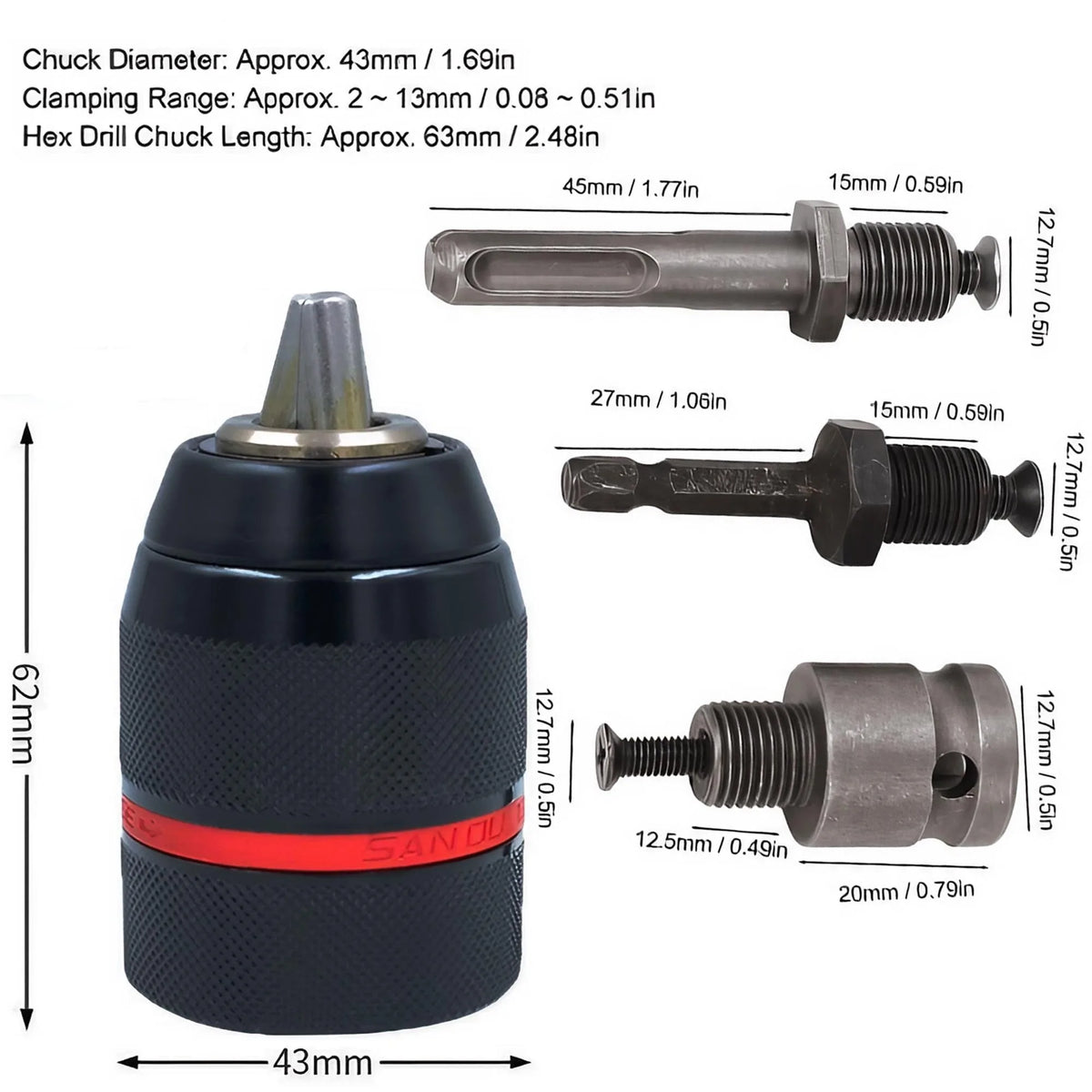 Keyless 13mm Drill Chuck Set – SDS Plus & Hex Shank Adapter