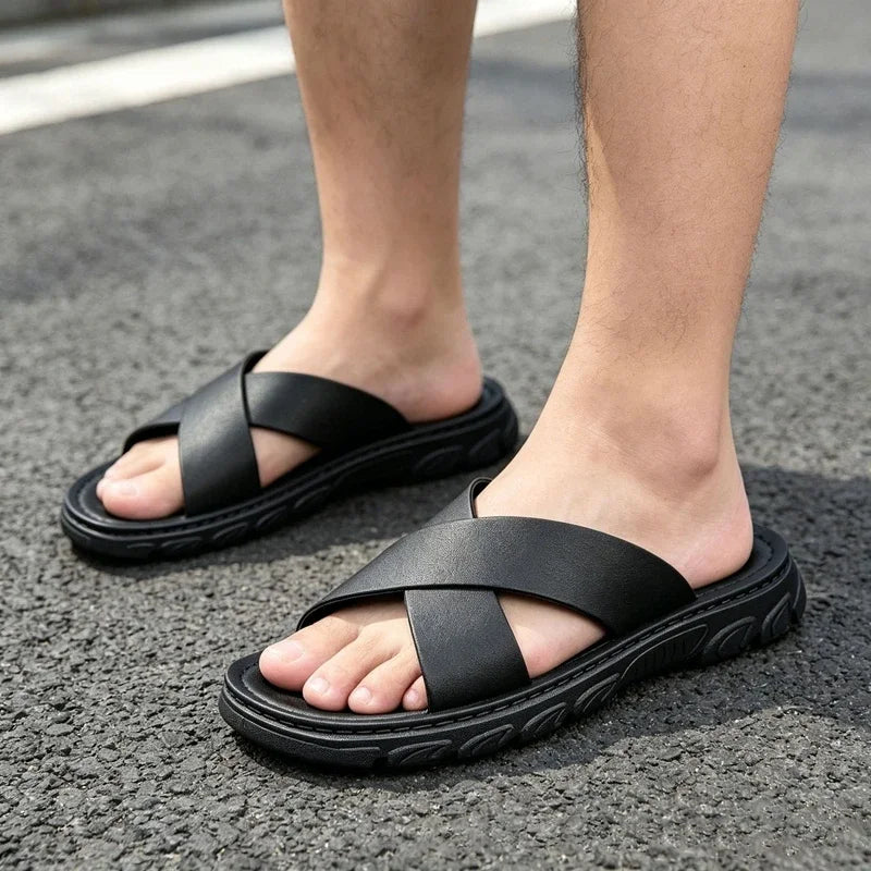 Men's Faux Leather Thick Sole Open Toe Beach Sandals