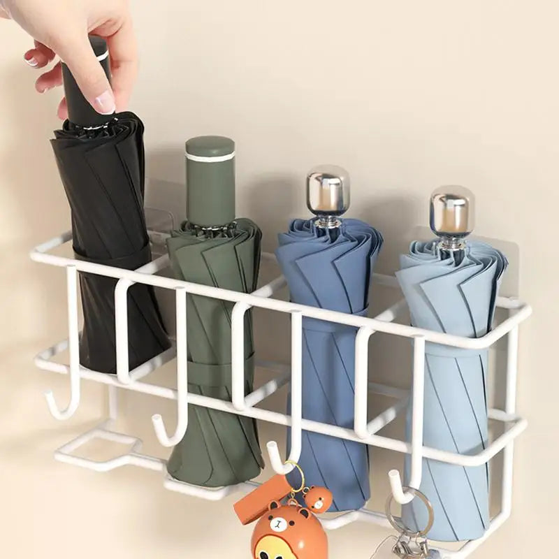 Wall-Mounted Umbrella Holder Indoor Storage Rack with Hooks