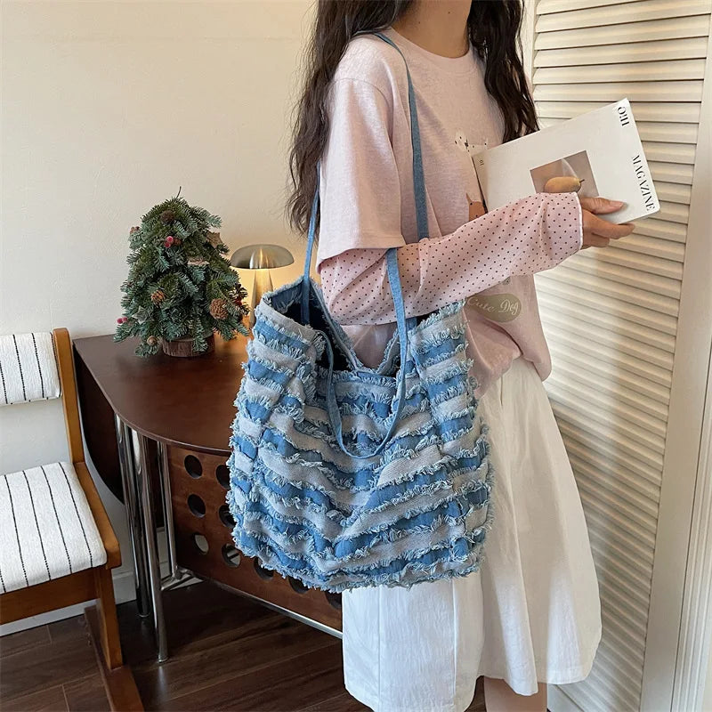 Striped Denim Tote Bag | 3D Raw Edge Women's Handbag
